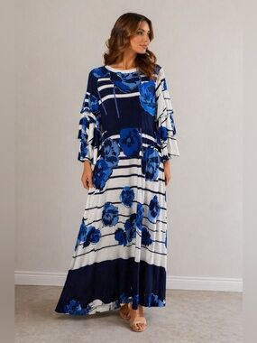 Wall Street Blue Floral Stripe Maxi Dress Size XL Ruffle Sleeve Flowy